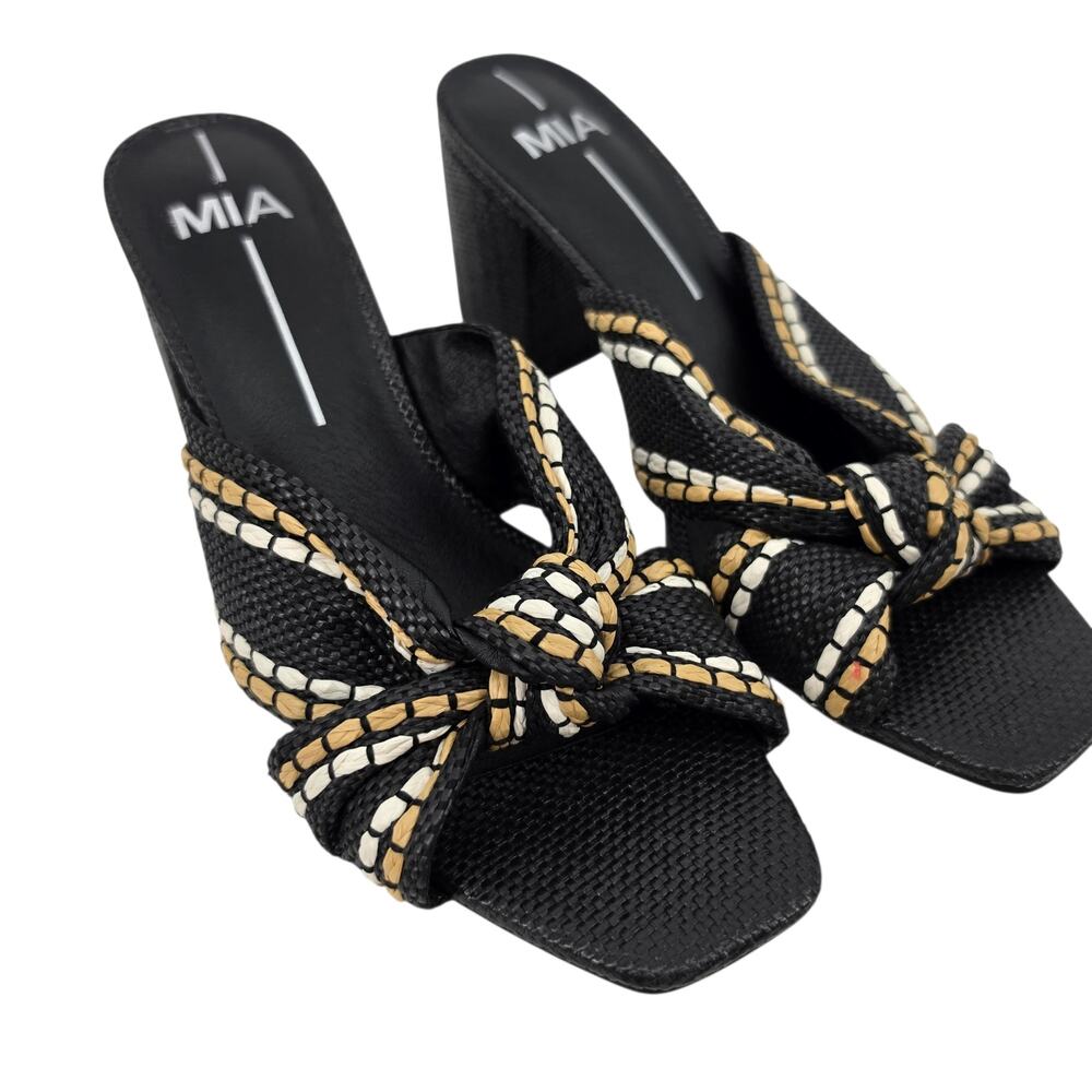 NWOT MIA Black Woven Stripe Hania Knotted Block Heel Slip On Sandals Size 8.5